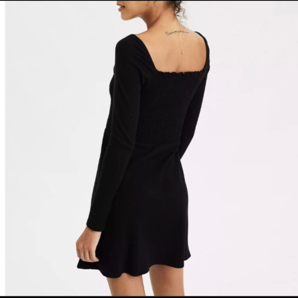 NWT American Eagle black long sleeve square neck smocked mini dress size XSP - Picture 9 of 12
